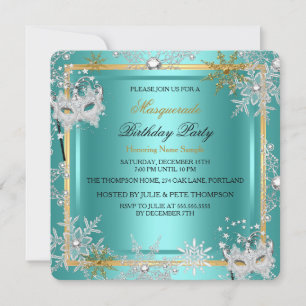 Invitación Máscara Azul Teal Dorado Copo de Nieve Plata Másca