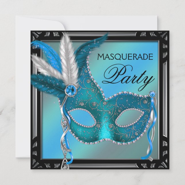 Invitación Máscara Azul Teal Negro Fiesta de Disfraz (Anverso)