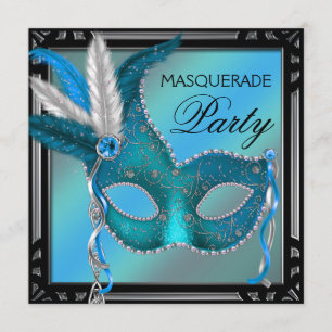 Invitación Máscara Azul Teal Negro Fiesta de Disfraz