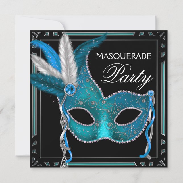 Invitación Máscara Azul Teal Negro Fiesta de Disfraz (Anverso)