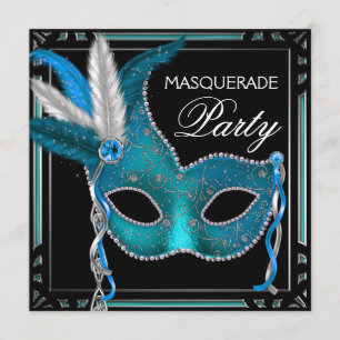 Invitación Máscara Azul Teal Negro Fiesta de Disfraz