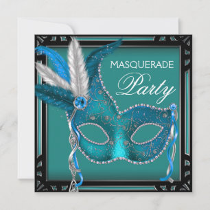 Invitación Máscara Azul Teal Negro Fiesta de Disfraz