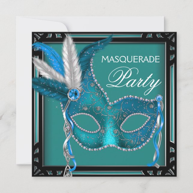 Invitación Máscara Azul Teal Negro Fiesta de Disfraz (Anverso)
