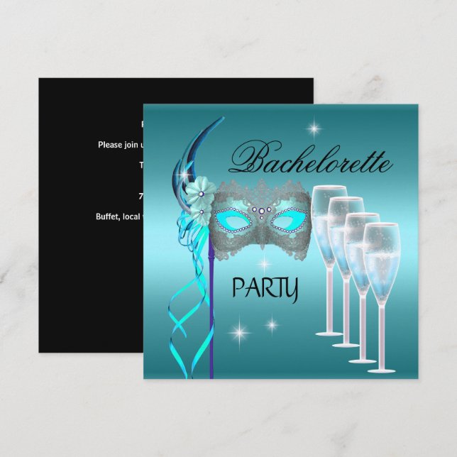 Invitación Máscara azul turquesa para despedida de soltera co (Anverso / Reverso)