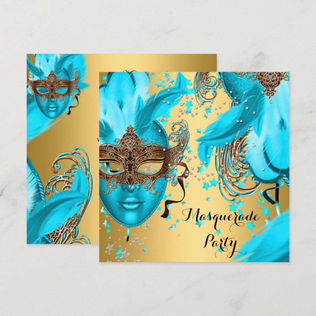 Invitación Máscara Baile de Máscaras Máscaras Azul Turquesa D (Anverso / Reverso)