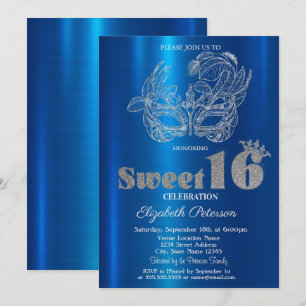Invitación Máscara Brillante Azul Metálico Sweet 16