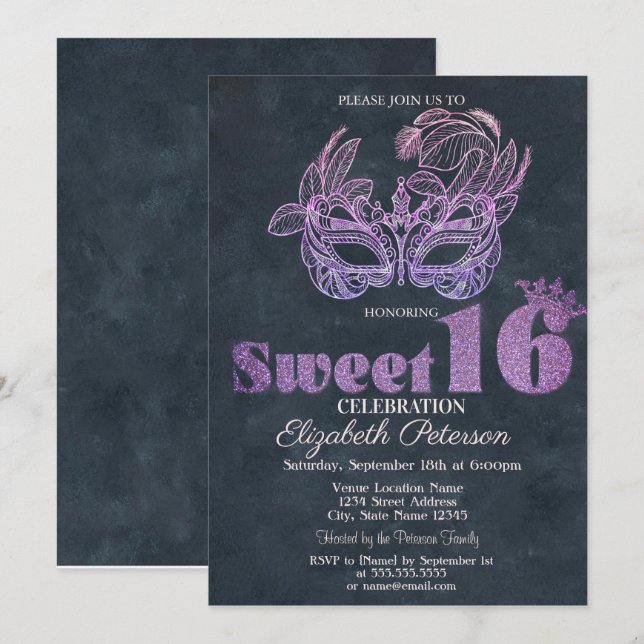 Invitación Máscara Brillante Violeta Dulces 16 (Anverso / Reverso)