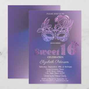 Invitación Máscara Brillante Violeta Sweet 16