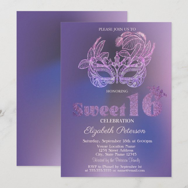 Invitación Máscara Brillante Violeta Sweet 16 (Anverso / Reverso)