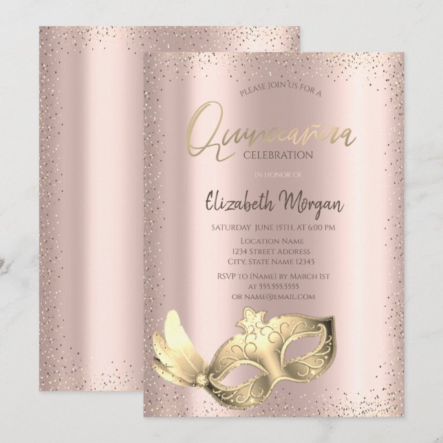 Invitación Máscara Chic, Confeti Rosa Dorado Quinceañera (Anverso / Reverso)