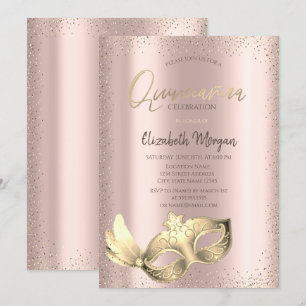 Invitación Máscara Chic, Confeti Rosa Dorado Quinceañera