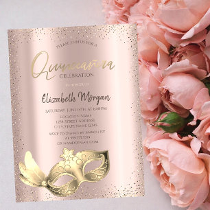 Invitación Máscara Chic, Confeti Rosa Dorado Quinceañera