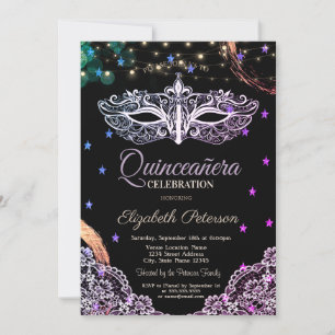 Invitación Máscara Chic,Luces de Cadena,Encaje,Estrellas Quin