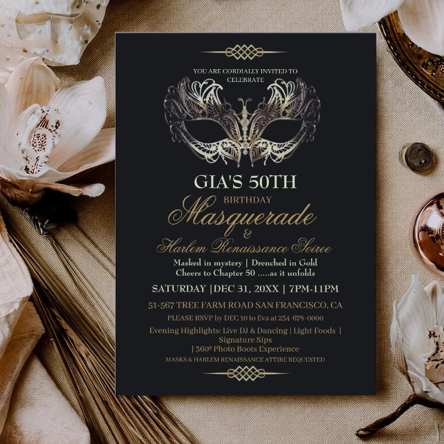 Invitación Máscara Cumpleaños 50 Mascarada Negro Oro (Subido por el creador)