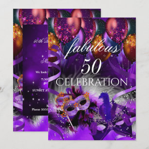 Invitación Máscara de 50 Globos Morados Fabulosos Fiesta de D