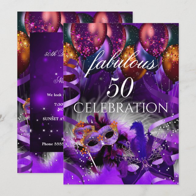 Invitación Máscara de 50 Globos Morados Fabulosos Fiesta de D (Anverso / Reverso)
