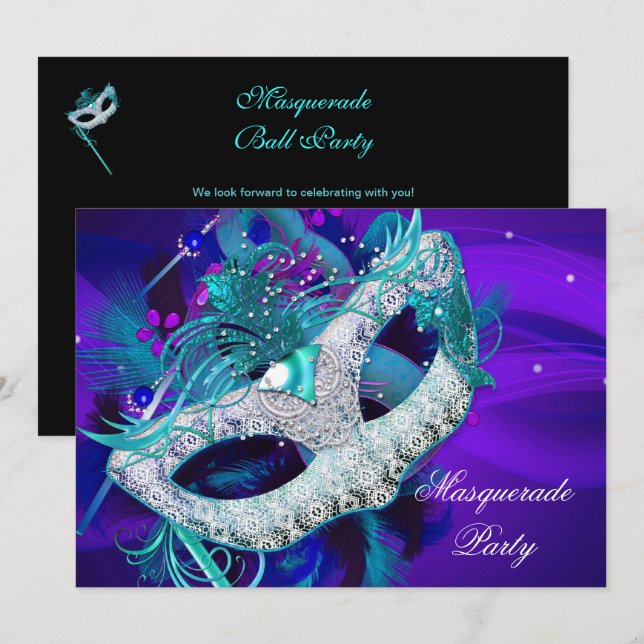 Invitación Máscara de Baile de Máscaras Fiesta Azul Teal Mora (Anverso / Reverso)