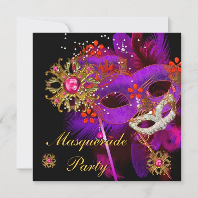 Invitación Máscara de Baile de Máscaras Morado Rosa Máscaras  (Anverso)
