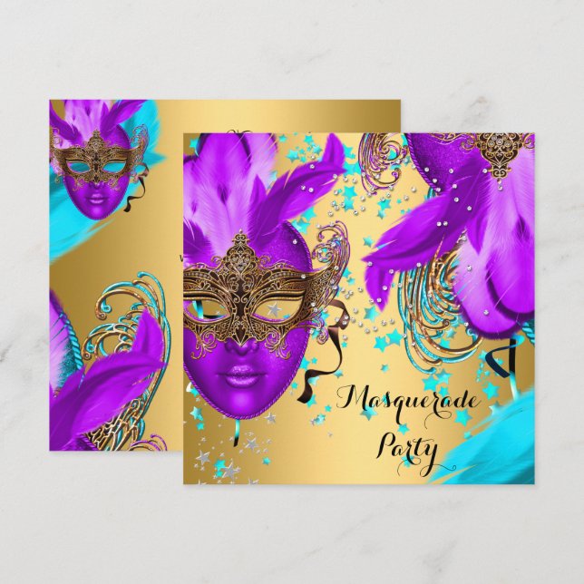 Invitación Máscara de Baile de Máscaras Morado Turquesa Másca (Anverso / Reverso)