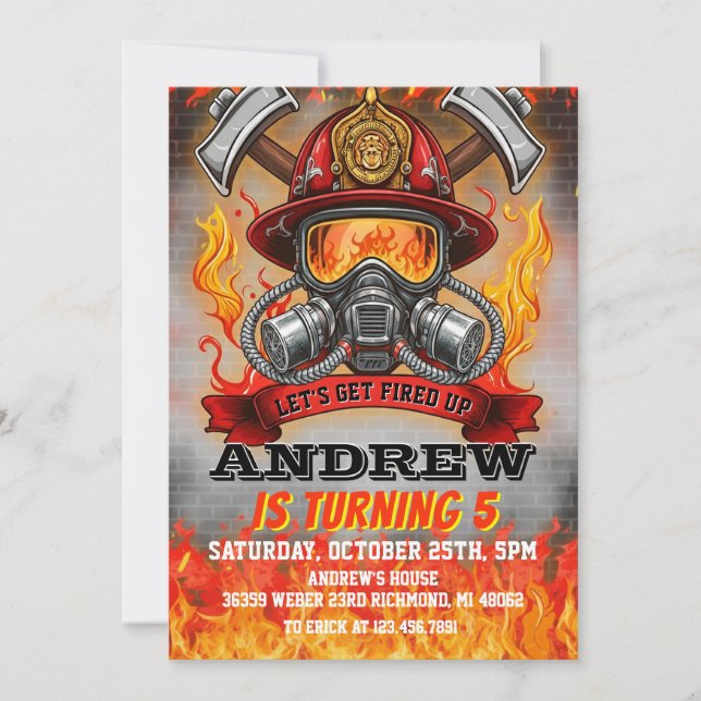 Invitación Máscara de Bombero Personalizada Cumpleaños del De (Anverso)