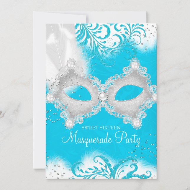 Invitación Máscara de brillo blanco azul Dulces 16 (Anverso)