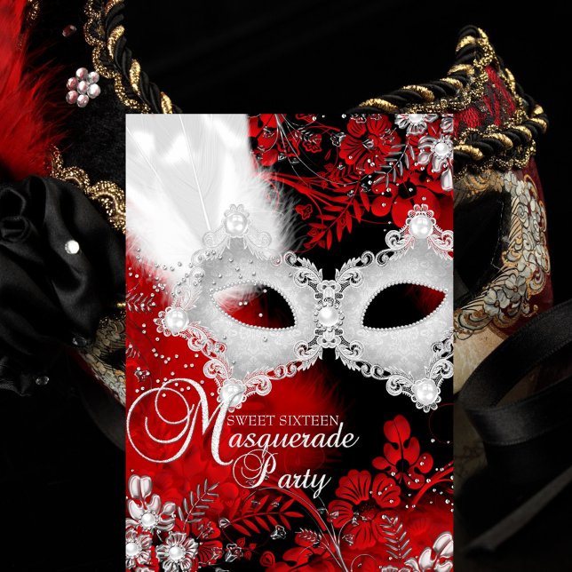 Invitación Máscara de brillo rojo blanco Masquerada Dulces 16 (Subido por el creador)