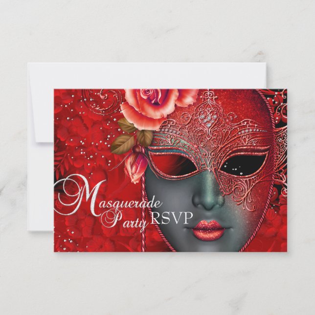 Invitación Máscara de brillo rojo RSVP para la fiesta de disf (Anverso)