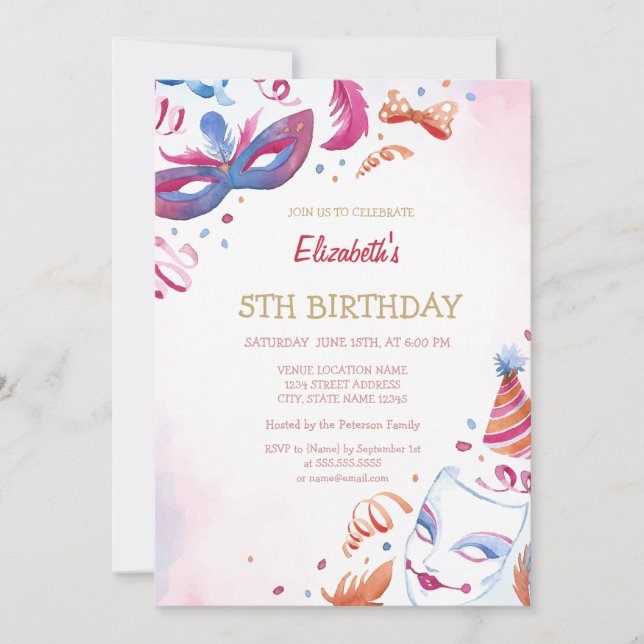 Invitación Máscara de Carnaval al Aguarela Cumpleaños  (Anverso)
