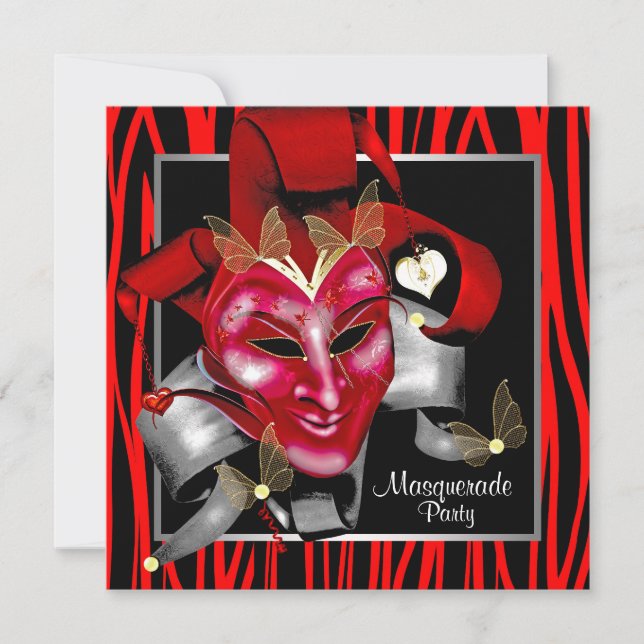 Invitación Máscara de cebra roja Fiesta de disfraz de rojo (Anverso)