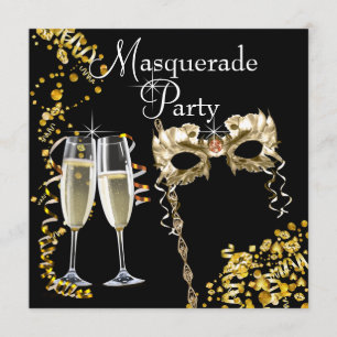 Invitación Máscara de Champagne Negro Oro Fiesta de Disfraces