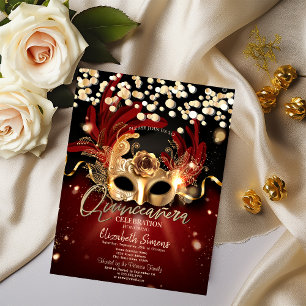 Invitación Máscara de confeti dorado Quinceañera roja