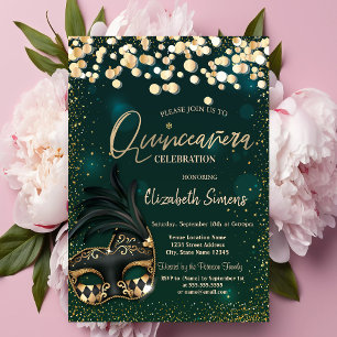 Invitación Máscara de confeti dorado Quinceañera verde