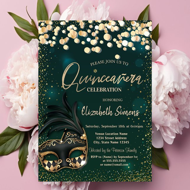 Invitación Máscara de confeti dorado Quinceañera verde (Subido por el creador)