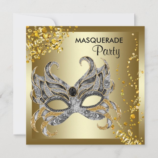 Invitación Máscara de confeti Plata Fiesta de disfraz de oro (Anverso)