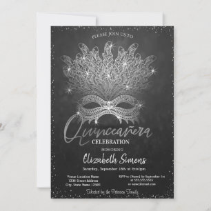 Invitación Máscara de Confeti Plateado Quinceañera Oscura