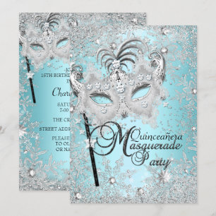 Invitación Máscara de copo de nieve azul plateado Quinceanera