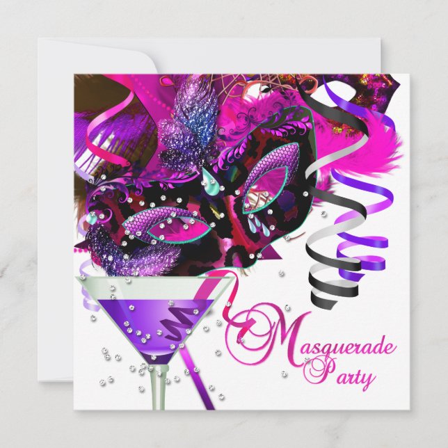 Invitación Máscara de Cumpleaños de Mascarada Pink Martini (Anverso)