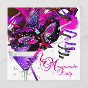 Invitación Máscara de Cumpleaños de Mascarada Pink Martini