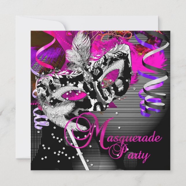 Invitación Máscara de Cumpleaños de Mascarada Plateado Rosa 2 (Anverso)