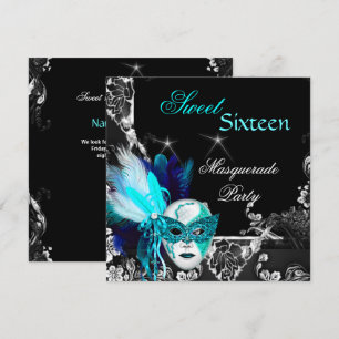 Invitación Máscara de Cumpleaños Dulces 16 Máscara Azul Teal