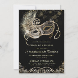 Invitación Máscara de Cumpleaños en Oro Negro