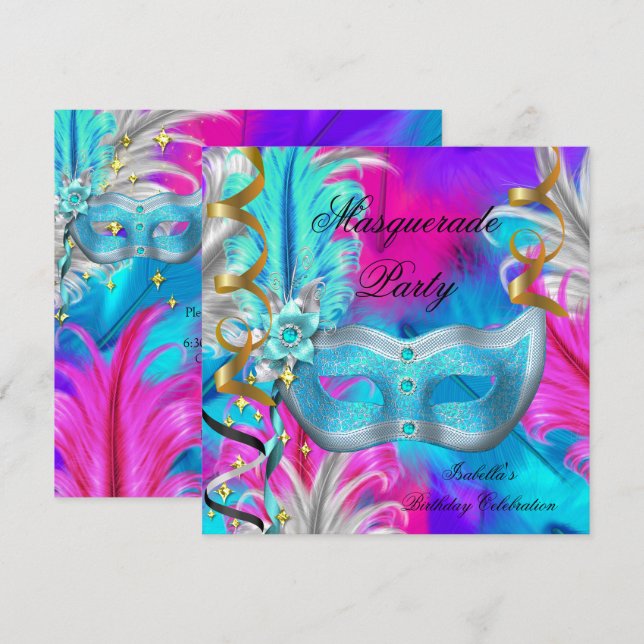 Invitación Máscara de Cumpleaños para Fiesta de Disfraces Más (Anverso / Reverso)