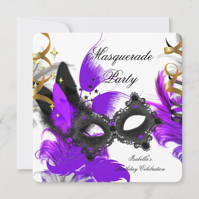 Invitación Máscara de Cumpleaños Púrpura Máscara Blanca Negra (Anverso)