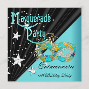 Invitación Máscara de cumpleaños Quinceañera 15 Teal Gold