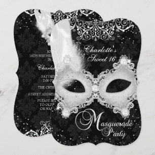 Invitación Máscara de Damasco de Plata Negra Mascarada Dulce