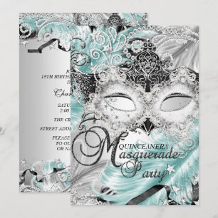 Invitación Máscara de destellos de azul teal plateado para Qu