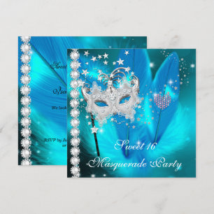 Invitación Máscara de disfraz Cumpleaños Dulces 16 Azul Turqu