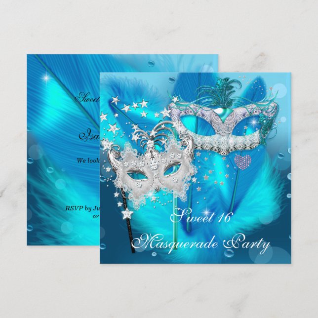 Invitación Máscara de disfraz Cumpleaños Dulces 16 Azul Turqu (Anverso / Reverso)