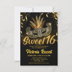 Invitación Máscara de disfraz de purpurina negra y dorada Swe