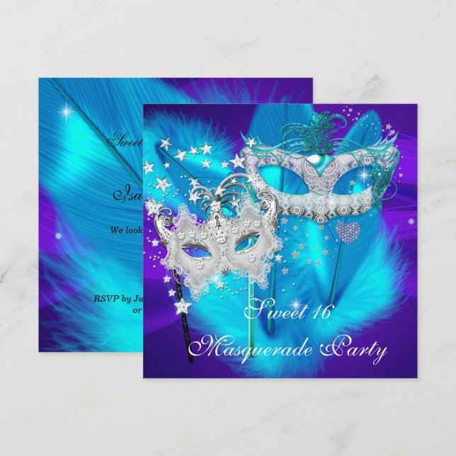 Invitación Máscara de disfraz Sweet 16 Púrpura Turquesa Azul (Anverso / Reverso)